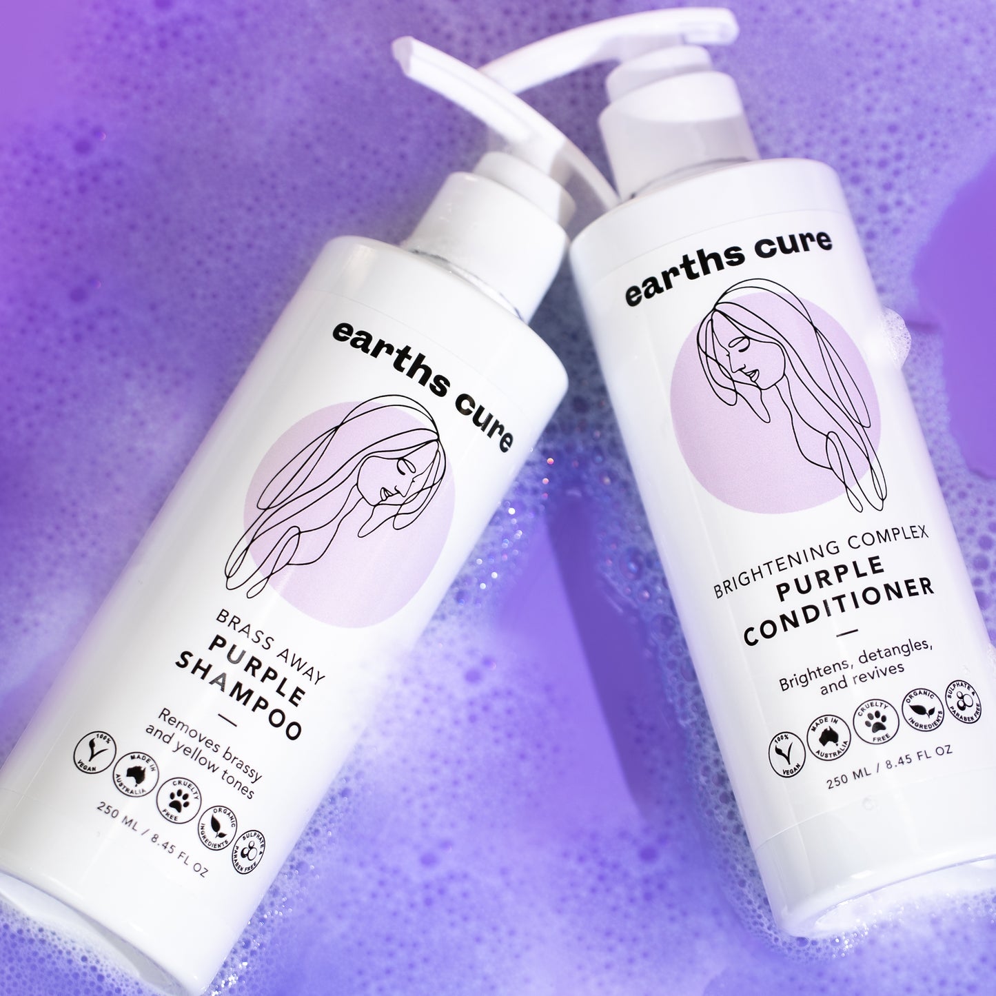 Silver Hair Products: Purple Shampoo and Purple Conditioner in bath tub with purple water
