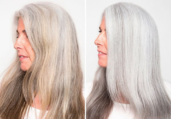 Before picture of woman with brassy, yellow hair. After picture of woman with shimmering silver hair.