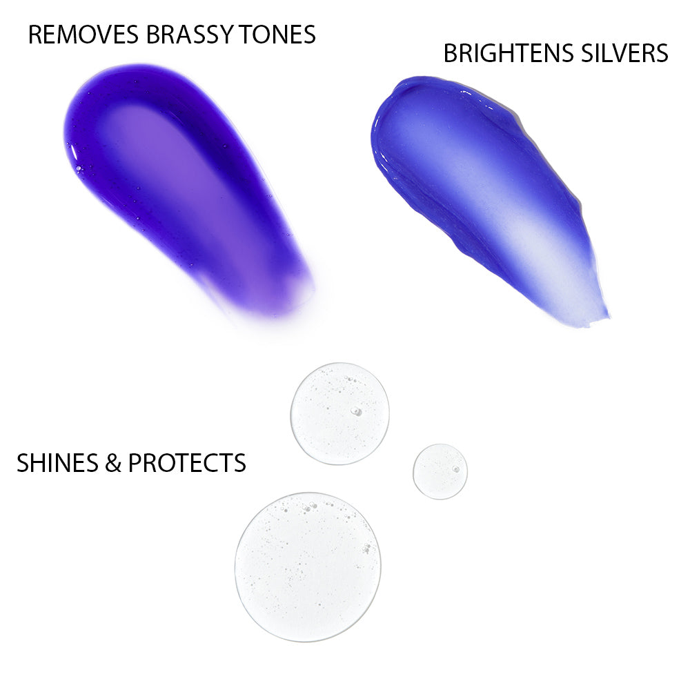 Silver Hair Product Textures: Purple Shampoo (Liquid), Purple Conditioner (Liquid), Serum (Clear)