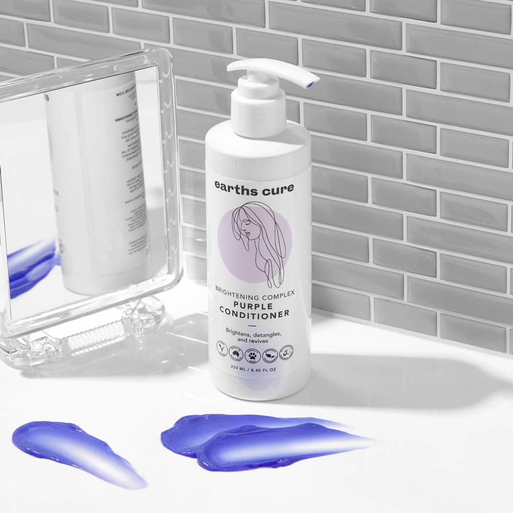 Silver Hair Products: Purple Conditioner on bathroom counter