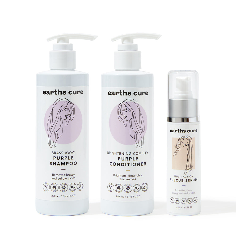 Silver Hair Product Routine: Purple Shampoo, Purple Conditioner, Serum